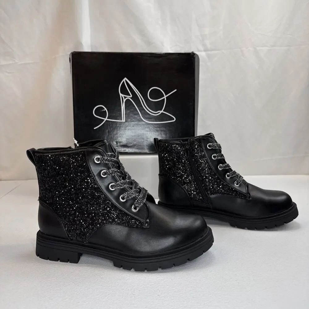 K KomForme Girls Glitter Combat Boots Velvet Lace Ankle Shoes Black Size 4